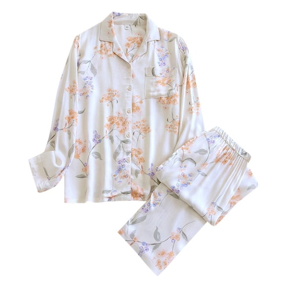 Arlun Plus Size Pajamas For Women Set Fashion Floral Printed Thin Pjs Sets Soft Comfy Long Sleeve Trousers Women's 2 Piece Pajama Lightweight Breathable Fall Winter Loungewear White XXL