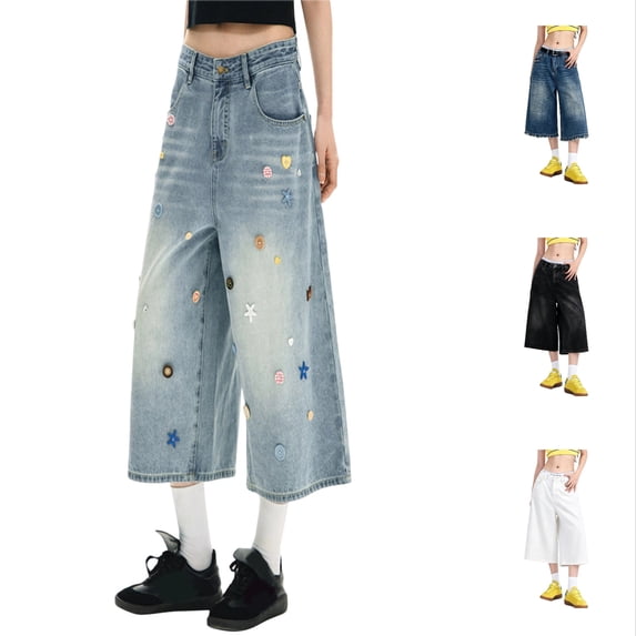 Arlun Plus Size Retro Washed Wide Leg Jeans Pants Women Summer Baggy Mid Waist Distressed Denim Capri Pants 2026 Fashion Streetwear Casual Cropped Trousers with Pockets 4-White XS