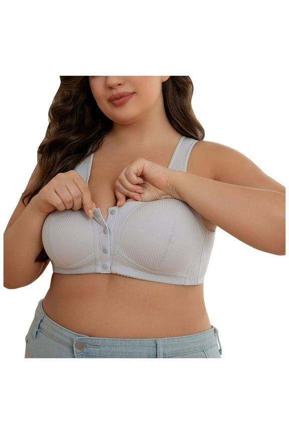 ,Plus Size No Underwire Bras for Older Women Button Front Closure Bralettes Push up Bralettes Supportive Bras Ribbing Soft Comfy Support Seniors Bra Light Gray 56
