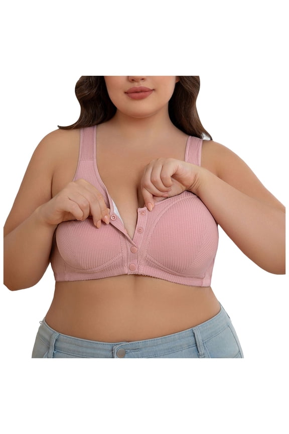 ,Plus Size No Underwire Bras for Older Women Button Front Closure Bralettes Push up Bralettes Supportive Bras Ribbing Soft Comfy Support Seniors Bra Rose Gold 60