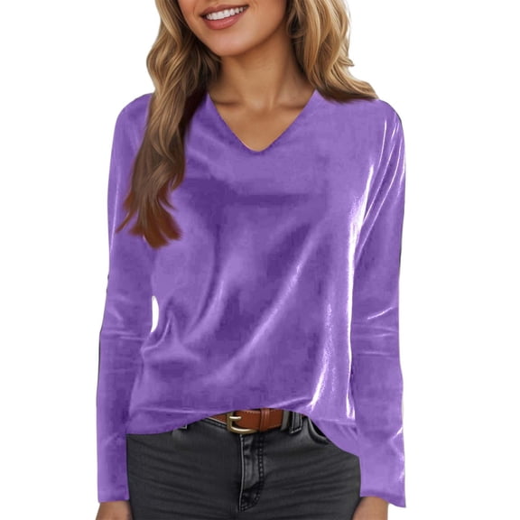 Arlun Plus Size Vintage Velvet Tops for Women Dressy Casual V-Neck T-Shirts Loose Fit Fashion Long Sleeve Velour Blouse Solid Color Holiday Party and Daily Wear Outfits Purple XXXL