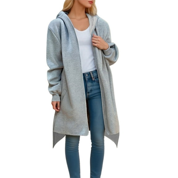 Arlun Plus Size Women's Full Zipper Coat Winter Fall Fashion Loose Warm Comfy Mid Outerwear Casual Solid Color Long Sleeve Irregular Hem Hooded Jackets with Pockets Grey1 M