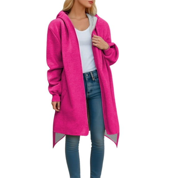 Arlun Plus Size Women's Full Zipper Coat Winter Fall Fashion Loose Warm Comfy Mid Outerwear Casual Solid Color Long Sleeve Irregular Hem Hooded Jackets with Pockets Hot Pink1 L
