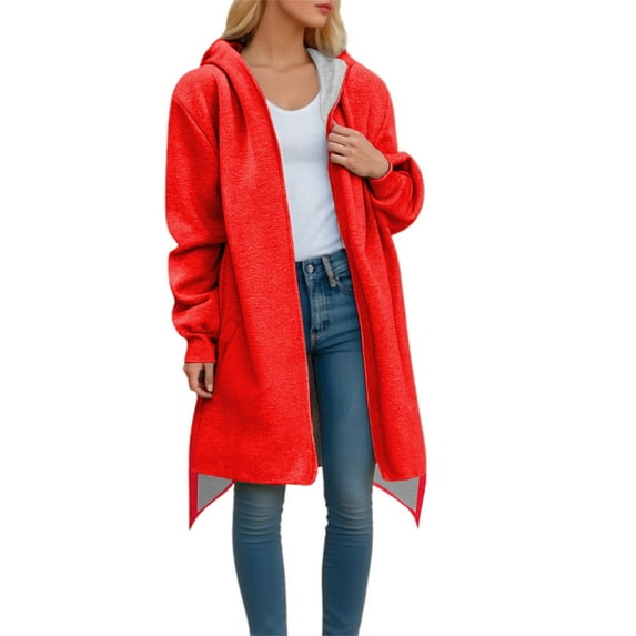 Arlun Plus Size Women's Full Zipper Coat Winter Fall Fashion Loose Warm Comfy Mid Outerwear Casual Solid Color Long Sleeve Irregular Hem Hooded Jackets with Pockets Red2 XL