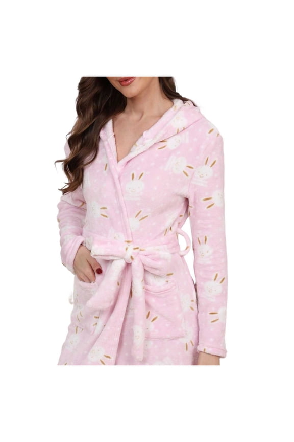 Plush Short Hooded Robes for Women Heart & Striped Graphic Long Sleeve Fuzzy Bathrobes Shawl Collar Soft Warm Cozy Wrap Loungewear Sleepwear Robe with Belt and Pockets 7-Pink M