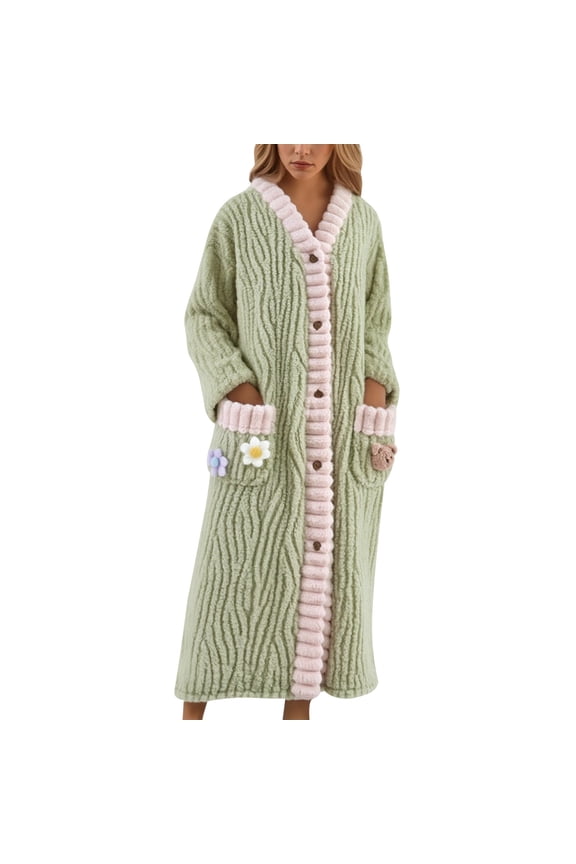 Plush Sleepwear Robe for Women Long Over the Knee Length Cozy Button down Hooded Bathrobes Long Sleeve Sleepwear Winter Warm Loungewear with Pockets Light Green M