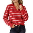 thumbnail image 1 of Arlun Polo Neck Fashion Striped Knit Sweatshirts for Womens Casual Long Sleeve V Neck Loose Fit Sweater Soft Comfortable Warm Slim Fall Knitted Pullover Tops Red XL, 1 of 5