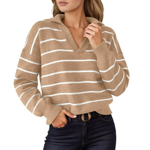 Arlun Polo Neck Fashion Striped Knit Sweatshirts for Womens Casual Long Sleeve V Neck Loose Fit Sweater Soft Comfortable Warm Slim Fall Knitted Pullover Tops Khaki M