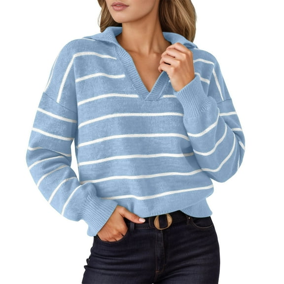 Arlun Polo Neck Fashion Striped Knit Sweatshirts for Womens Casual Long Sleeve V Neck Loose Fit Sweater Soft Comfortable Warm Slim Fall Knitted Pullover Tops Blue S
