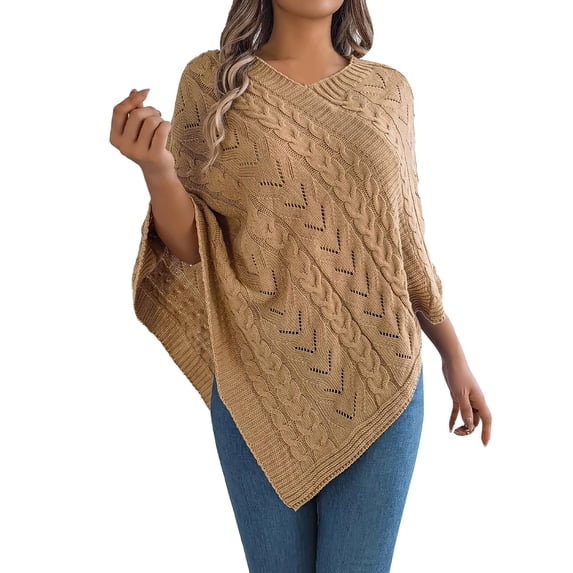 Arlun Poncho Knitted Cape Shawl Sweaters for Women Elegant Wrap V-Neck Cable Knit Hollow out Pullovers Loose Fit Comfortable Solid Color Sweater Tops Khaki L