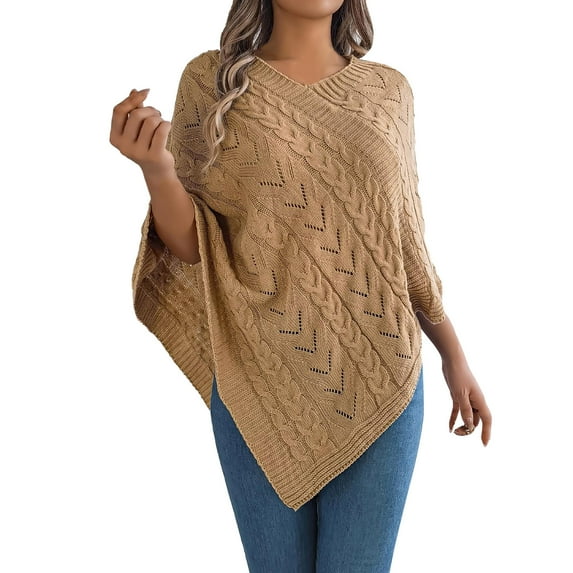 Arlun Poncho Knitted Cape Shawl Sweaters for Women Elegant Wrap V-Neck Cable Knit Hollow out Pullovers Loose Fit Comfortable Solid Color Sweater Tops Khaki S