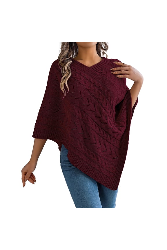 Poncho Knitted Cape Shawl Sweaters for Women Elegant Wrap V-Neck Cable Knit Hollow out Pullovers Loose Fit Comfortable Solid Color Sweater Tops Red XL