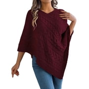 Arlun Poncho Knitted Cape Shawl Sweaters for Women Elegant Wrap V-Neck Cable Knit Hollow out Pullovers Loose Fit Comfortable Solid Color Sweater Tops Red XL