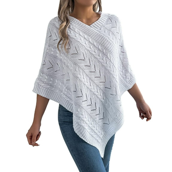 Arlun Poncho Knitted Cape Shawl Sweaters for Women Elegant Wrap V-Neck Cable Knit Hollow out Pullovers Loose Fit Comfortable Solid Color Sweater Tops White XL