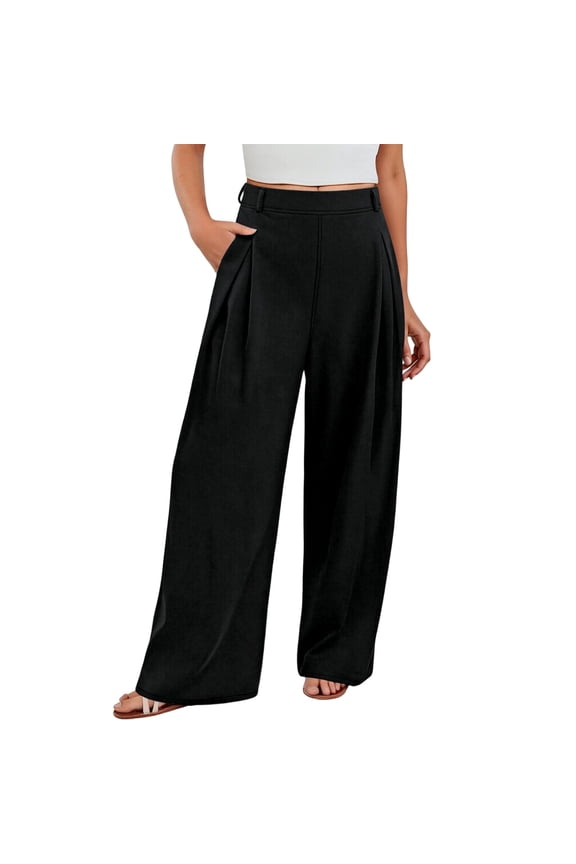 Pull on Dress Pants for Women Wide Leg Stretchy Work Office Trousers High Waisted Business Casual Loose Lightweight Comfy Slacks 2025 Simple Stylish Pants with Pockets Black S