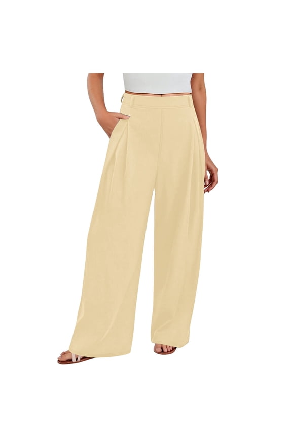 Pull on Dress Pants for Women Wide Leg Stretchy Work Office Trousers High Waisted Business Casual Loose Lightweight Comfy Slacks 2025 Simple Stylish Pants with Pockets Yellow M