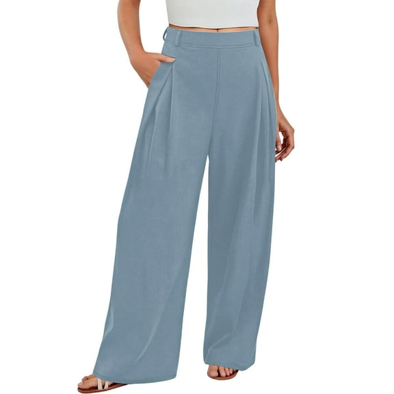 Arlun Pull on Dress Pants for Women Wide Leg Stretchy Work Office Trousers High Waisted Business Casual Loose Lightweight Comfy Slacks 2025 Simple Stylish Pants with Pockets Blue S