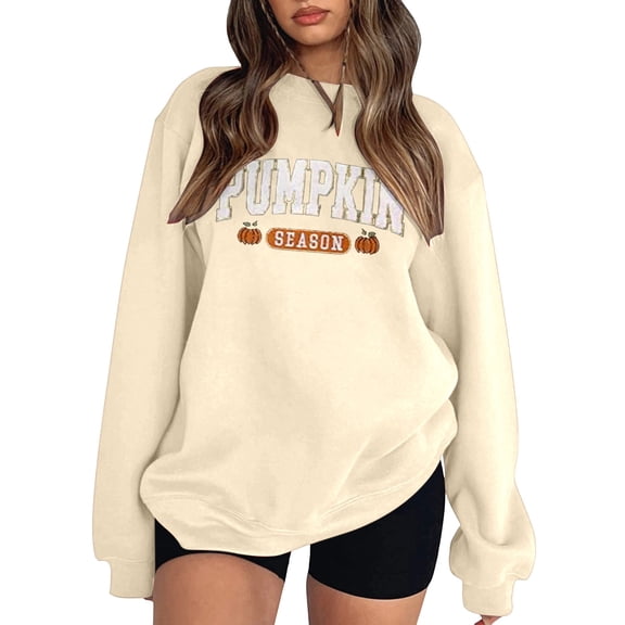 Arlun Pumpkin Season Sweatshirts Women's Fashion Letter Printed Halloween Sweatshirts Tops Plus Size Loose Crewneck Comfortable Pullovers Long Sleeve Fall Winter Outfits Beige L