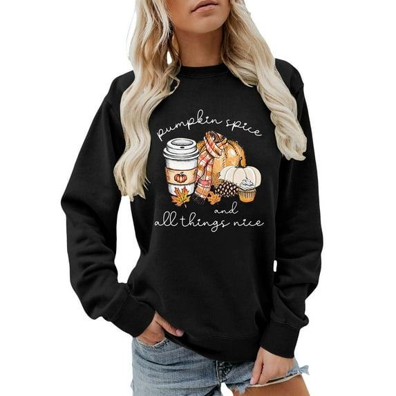 Arlun Pumpkin Spice and Everything Nice Womens Sweatshirts Fall Coffee Hoodless Pullovers Crewneck Long Sleeve Loose Fit Casual Tops for Thanksgiving Sweatshirts Gift Black XL