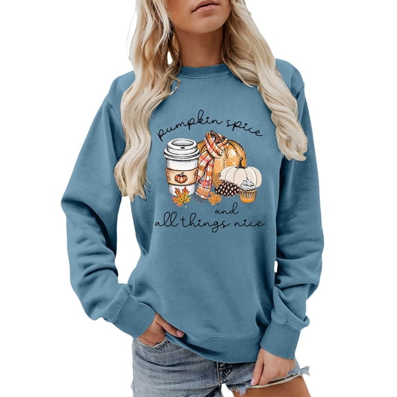 Arlun Pumpkin Spice and Everything Nice Womens Sweatshirts Fall Coffee Hoodless Pullovers Crewneck Long Sleeve Loose Fit Casual Tops for Thanksgiving Sweatshirts Gift Blue M
