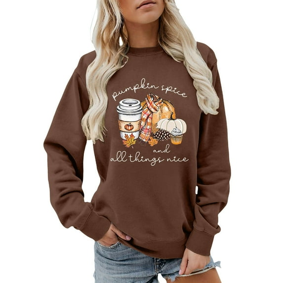 Arlun Pumpkin Spice and Everything Nice Womens Sweatshirts Fall Coffee Hoodless Pullovers Crewneck Long Sleeve Loose Fit Casual Tops for Thanksgiving Sweatshirts Gift Coffee S