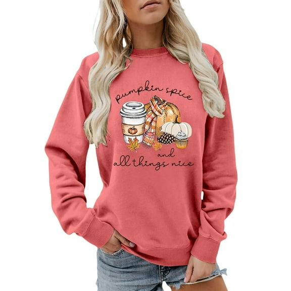 Arlun Pumpkin Spice and Everything Nice Womens Sweatshirts Fall Coffee Hoodless Pullovers Crewneck Long Sleeve Loose Fit Casual Tops for Thanksgiving Sweatshirts Gift Watermelon Red XXL