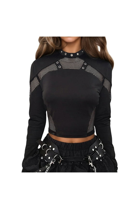 ,Punk Top T Shirts for Women Gothic Long Sleeve Mesh Cutout Slim Fit Tshirts Tops Soft Comfy Thin Breathable Fashionable Dark Style Basic Tee Shirts Black M