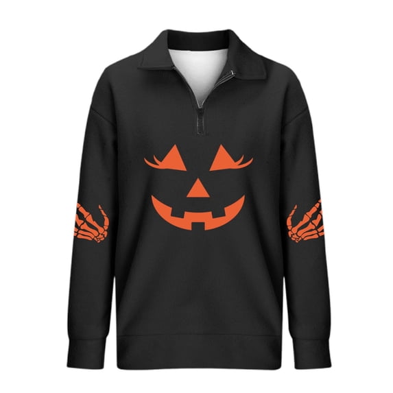 Arlun,Quarter Zipper Halloween Sweatshirts for Women Cute Funny Pumpkin Face Oversized Sweatshirt Women's Loose Fit Long Sleeve Pullovers Hoodless Tops Black L