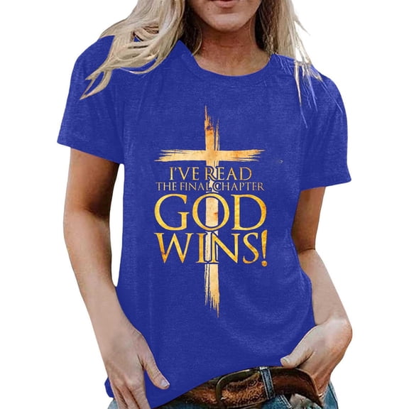 Arlun I've Read the Final Chapter God Wins Christian Faith Cross T-Shirts Womens Plus Size Casual Short Sleeve Tees Comfortable Soft Fashion Outfits Letter Printed Tops Blue XL