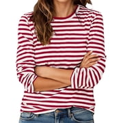 Arlun Red and White Stripes Print Casual Tops for Women Crew Neck Long Sleeve Loose Comfortable Fit T Shirts Soft Lightweight Preppy and Street Style Classic Tee Shirt Red S