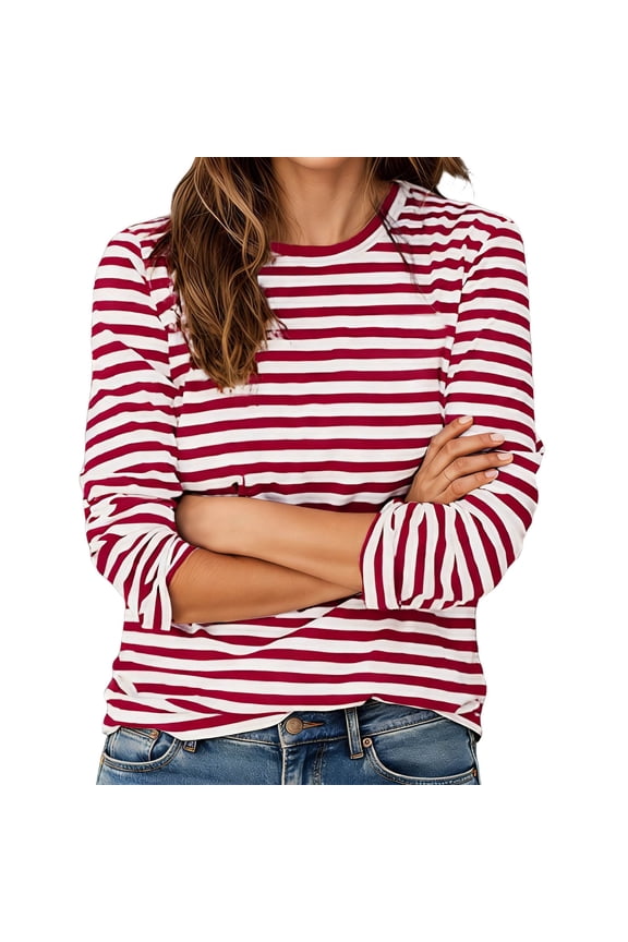 Red and White Stripes Print Casual Tops for Women Crew Neck Long Sleeve Loose Comfortable Fit T Shirts Soft Lightweight Preppy and Street Style Classic Tee Shirt Red L