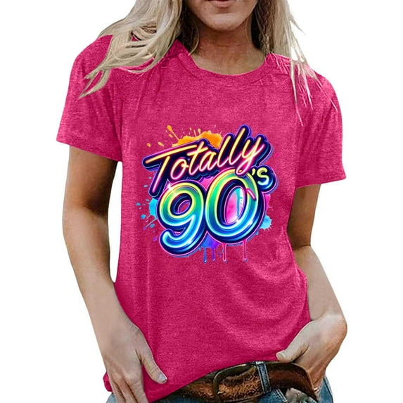 Arlun Retro 80's & 90's T-Shirts for Women Vintage Neon 80th and 90th Colorful Graphic Print Short Sleeve Tee Shirt Rave Theme Party Tshirt Plus Size Crew Neck Tee Tops 1-Hot Pink L