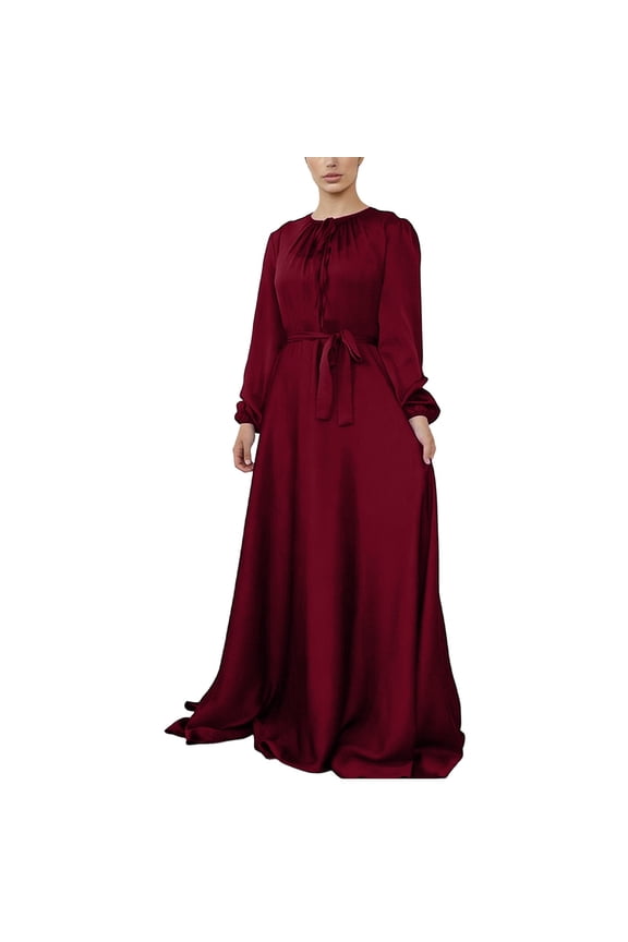 Retro Elegant Maxi Dresses for Womens Crewneck Long Sleeve Tie Waist Casual Long Dress with Belt Loose Comfort Fit Solid Color Flowy Frock RD2 M