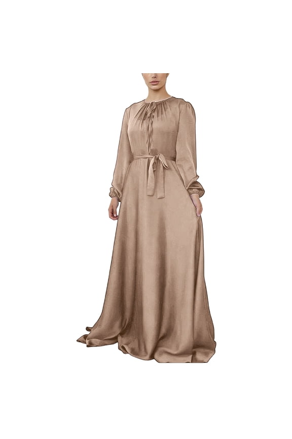 Retro Elegant Maxi Dresses for Womens Crewneck Long Sleeve Tie Waist Casual Long Dress with Belt Loose Comfort Fit Solid Color Flowy Frock Rose Gold XXL
