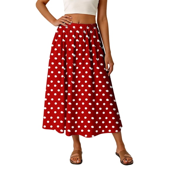 Arlun Retro Polka Dot Midi Skirts for Women 2026 Summer Elastic Waist A Line Flowy Flared Ruffle Skirts Elegant Boho Loose Pleated Mid-Length Skirt for Vacation and Daily Wear Red XS