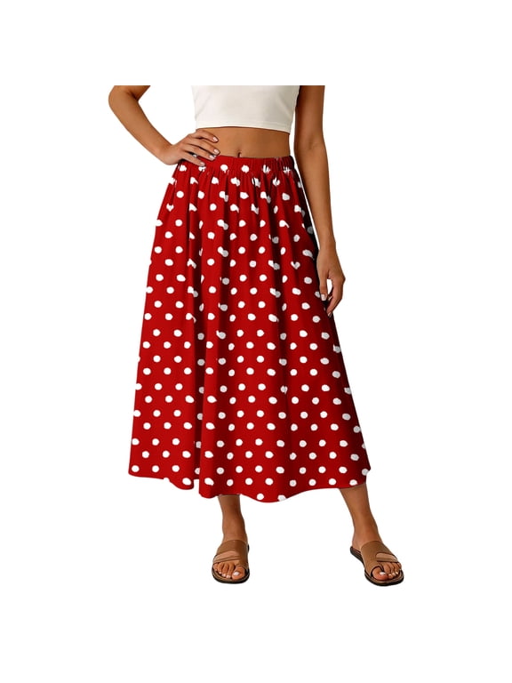 Retro Polka Dot Midi Skirts for Women 2026 Summer Elastic Waist A Line Flowy Flared Ruffle Skirts Elegant Boho Loose Pleated Mid-Length Skirt for Vacation and Daily Wear Red M