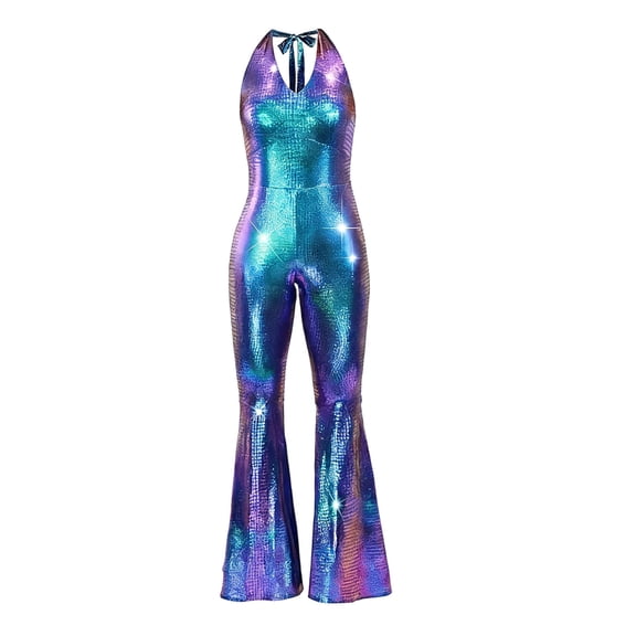 Arlun Retro Sparkly Sequins Halter Jumpsuits for Women Stylish Sleeveless Flare Leg Stretch Tight Jumpsuit for Party Evening Disco Wear Lightweight Comfy Slim Fit Outfit Blue M