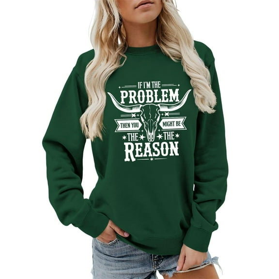 Arlun Retro Western Womens Sweatshirts Vintage Cow Skull Graphic Crewneck Long Sleeve Pullovers Loose Soft Comfortable Country Music Hoodless Tops Dark Green L