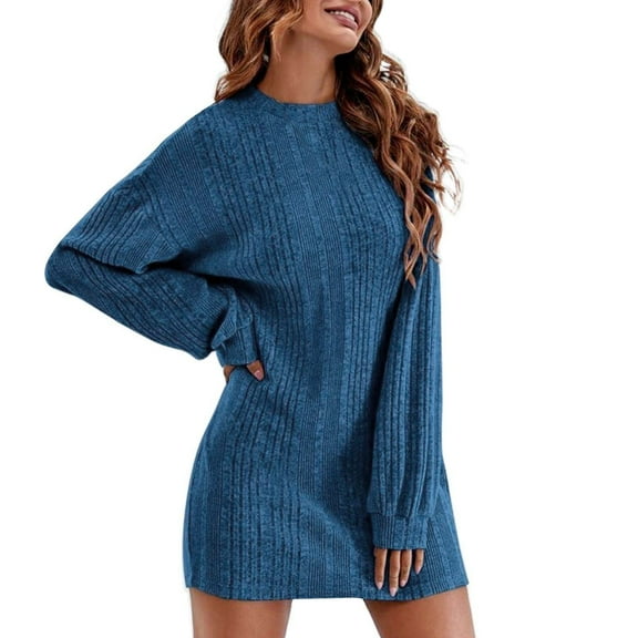 Arlun Ribbed Knit Round Neck Sweater Dresses for Women Soft Comfort Lightweight Sleep Dress Solid Color Loose Long Sleeve Loungewear Fall Winter Short Outfits Blue L