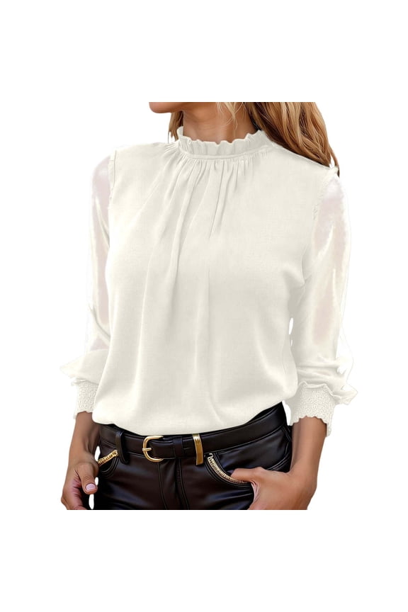 Ruffle Neck Long Sleeve T-Shirts for Women Trendy Mesh Puff Sleeved Dressy Casual Smocked Chiffon Blouses Solid Color Loose Thin Cozy Tops for Early Spring Wear White XXL
