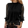 thumbnail image 1 of Arlun Ruffle Neck Long Sleeve T-Shirts for Women Trendy Mesh Puff Sleeved Dressy Casual Smocked Chiffon Blouses Solid Color Loose Thin Cozy Tops for Early Spring Wear Black XXL, 1 of 5