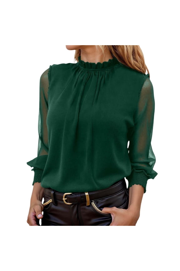 Ruffle Neck Long Sleeve T-Shirts for Women Trendy Mesh Puff Sleeved Dressy Casual Smocked Chiffon Blouses Solid Color Loose Thin Cozy Tops for Early Spring Wear Green S