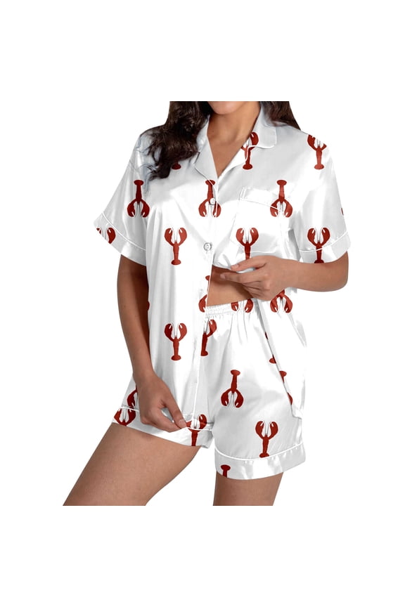 Satin Pajamas for Women Set 2026 New Funny Crayfish Pattern Print Button up Short Sleeve with Shorts Fashion Stripes Comfortable Sleepwear Loungewear 2 Piece Pjs 2-White M