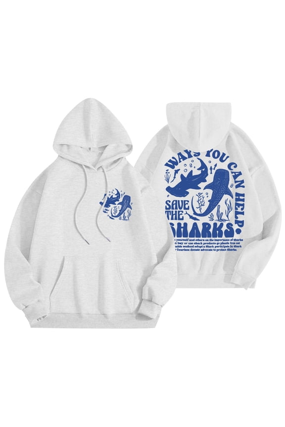 Save the Whale Sharks Hoodies for Women Ocean Letter Graphic Printed Sweatshirts Preppy Soft Comfort Long Sleeve Drawstring Pullover Tops with Pocket White XL