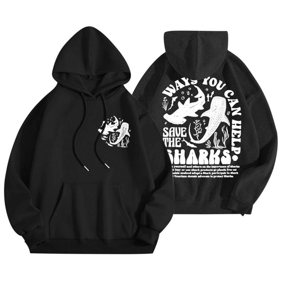 Arlun Save the Whale Sharks Hoodies for Women Ocean Letter Aesthetic Graphic Printed Sweatshirts Preppy Soft Comfort Long Sleeve Drawstring Pullover Tops with Pocket Black L