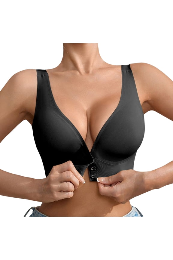 ,Seamless Push up Bras Thin Front Closure Bras for Women Deep V Neck No Underwire Soft Supportive Bralettes Wide Straps Comfy Breathable Bra for Everyday Wear Black L