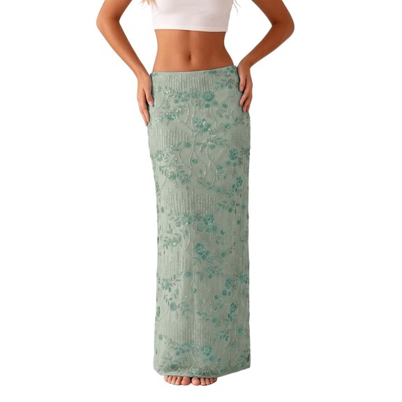 Arlun Sequin Maxi Skirts for Women Stretch Low Waist Floral Embroidery Long Pencil Skirt Fashion Rhinestone Glitter Bodycon Club Skirt Lightweight Breathable for Summer Wear Green S