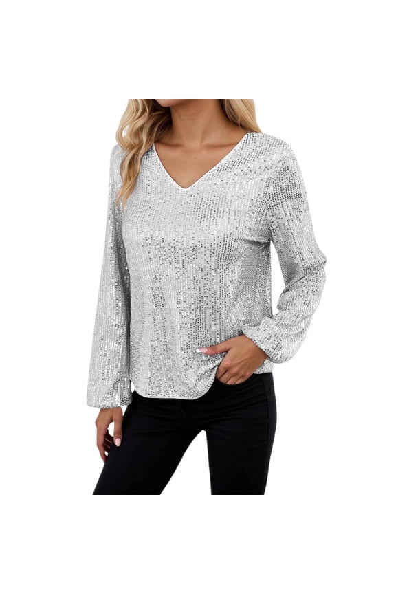 Sequin Sparkly T-Shirts for Women Dressy Casual V-Neck Long Sleeve Glitter Blouses Elegant Loose Lightweight Comfortable Tees Carnival Party Disco Club Plain Tunic Tops Silver XXL