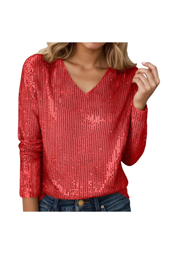 Sequin Tops for Women Long Sleeve Glitter Sparkly T Shirts Elegant V-Neck Dressy Date Night Party Holiday Outfits Soft Comfortable Casual Blouses Red M