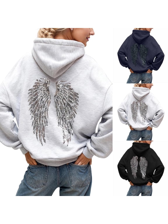Sequin Wings Hoodies for Women Trendy Sparkly Wing Graphic Retro Long Sleeve Hooded Sweatshirts 2026 Fall Winter Casual Drawstring Pullover Tops for Street Everyday Wear 1-Grey XL